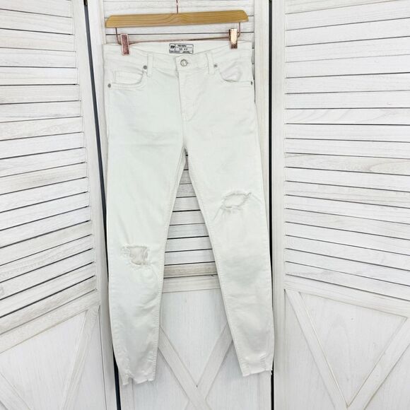Free People Distressed Midrise Skinny Jeans Ivory 27 Ankle Raw Hem - Picture 1 of 11